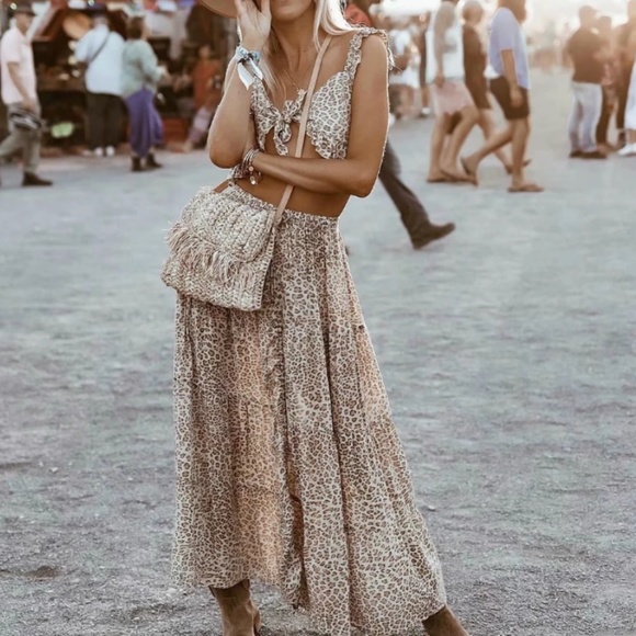 Bellanblue Dresses & Skirts - Boho Leopard Ruffle Crop Top Maxi Skirt Set Camel